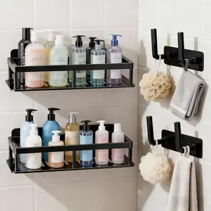 Shower Caddy Adhesive, Self-Adhesive Bathroom Shelves Basket, 2 Pack Large Capacity Shower Shelve with Hook Rack, No Drilling Bathroom Organizers and Storage for Home Decor (4Pack-Black)