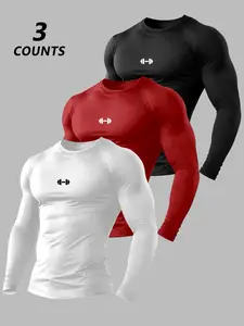 Men's Classic 3-Piece Set Underwear, Weightlifting Print Long Sleeve T-Shirt, Versatile Casual Top, Comfortable and Stylish, Athletic Style, Activewear Tee, Gym Clothes Workout