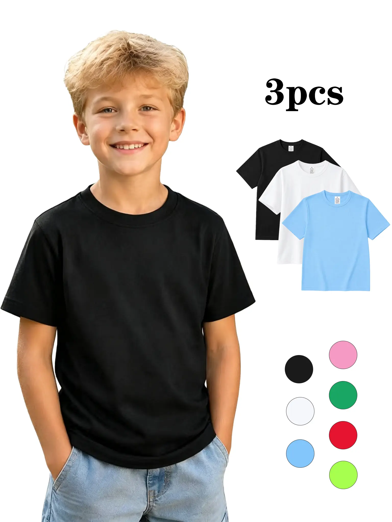 Kids' 3-Piece Quick-Dry Crew Neck Sports T-Shirts - Moisture-Wicking, Breathable, Lightweight Short-Sleeve Tops for Summer Camping, Running (Boys & Girls Fashion Clothes)