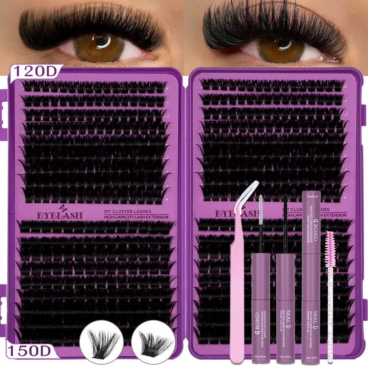 Large Capacity DIY Lashes Clusters Kit, D Curl Mixed Length, Light Soft False Lashes, Individual Lashes Thick Cluster Lashes, Long-Lasting, Includes Bond&Seal Brush and Tweezer, Beginner Friendly