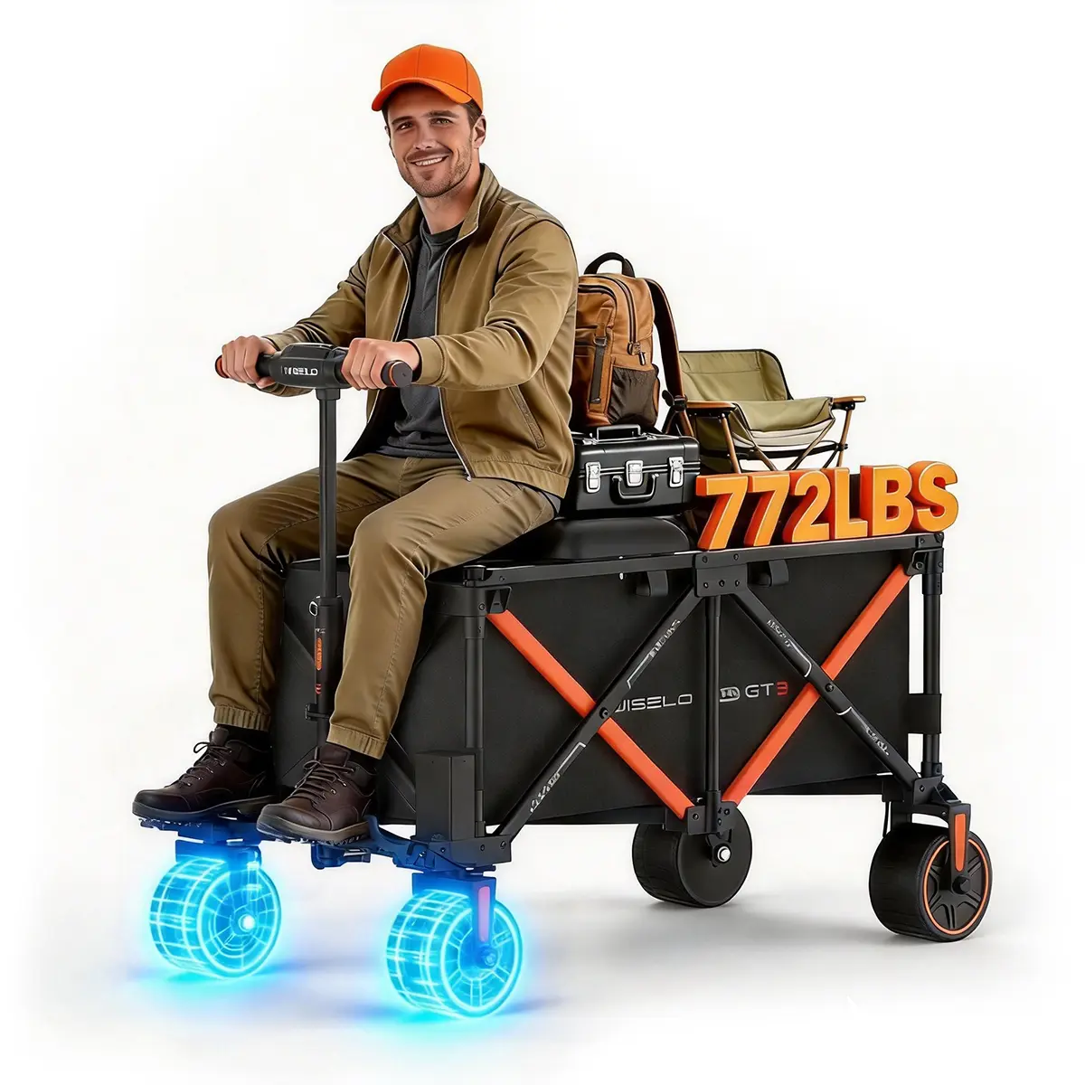 WISELD GT3 Electric Wagon Cart with Seat for Adults - Rideable, Tow-Assist Foldable Motorized Utility Wagon, 1500W Heavy-Duty Power Hauler, 551 Lbs Load Capacity for Camping, Farm Use