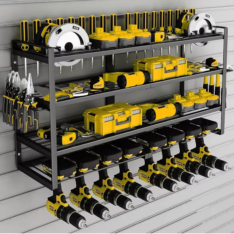 Heavy Duty Iron Power Tool Storage Rack, 4-Layer Wall-Mount Organizer with 8-Tool Floating Shelf Drill Holder for Basement Workbench