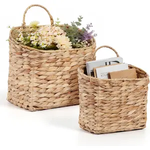 Set of 2 Wicker  Wall Basket Woven  Baskets  Water Hyacinth Wall Mounted Storage Baskets with Handle Farmhouse  Decor for Organizing Front Door Entryway Mail