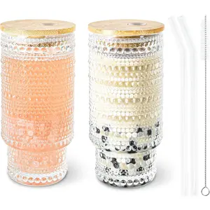 2 count 16 oz Glasses Cups Set with   Straws Brush Hobnail Glassware Set for Juice Iced Coffee  and  (Hobnail*2)