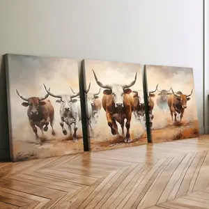 3-Piece Wood Framed Canvas Art, Bull Power Theme Poster, Modern Home Decor, High-Definition Print, Waterproof Wall Art