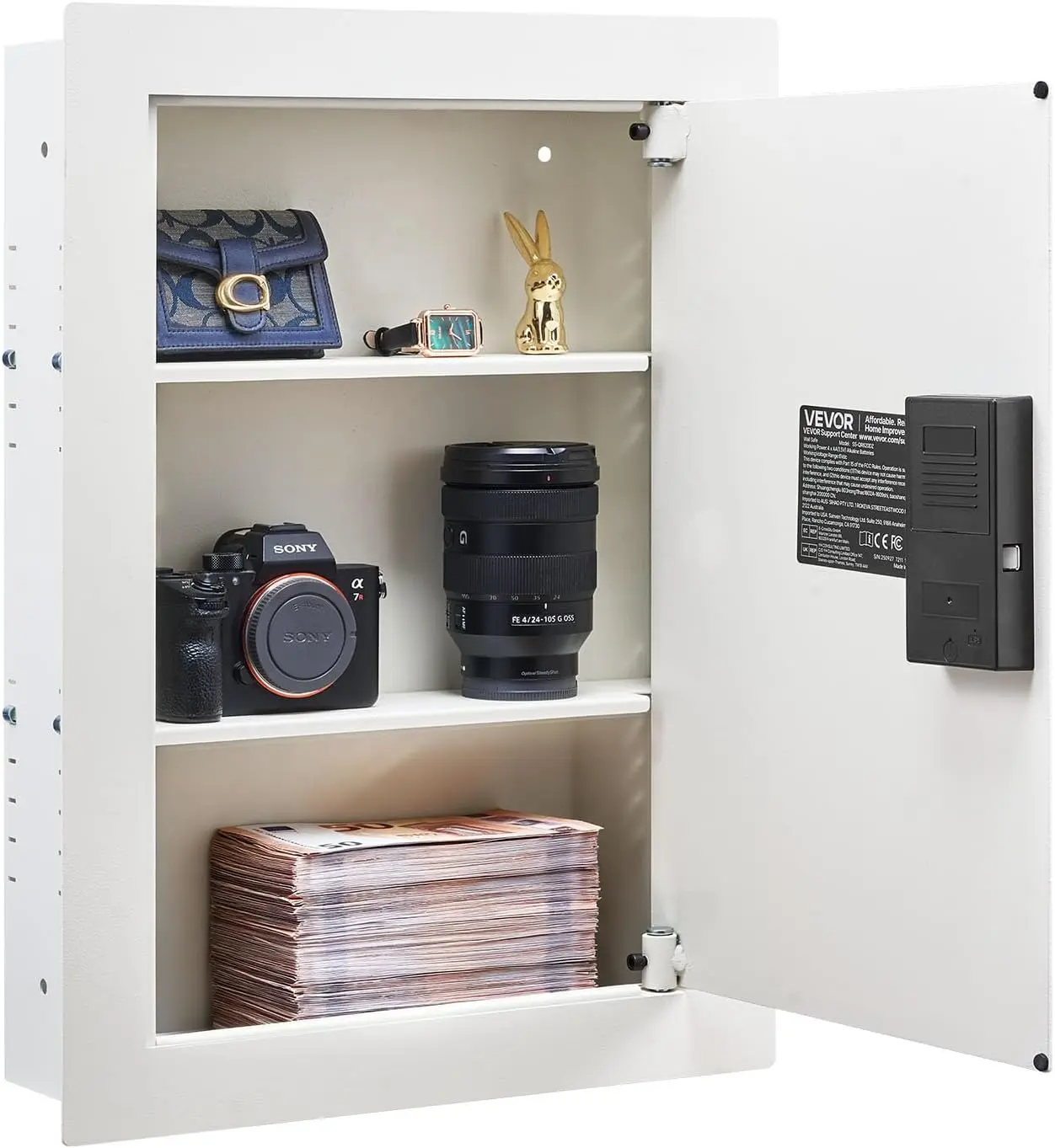 VEVOR 22" High Wall Safe, 3-Tier Hidden Wall Safe with Password, Key & Turning Knob, Q235 Cold-Rolled Steel In-Wall Box with Adjustable Shelves & Mounting Holes for Money, Jewelry, Passport, White
