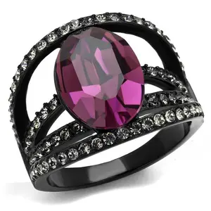 Women IP Black Stainless Steel Ring with Top Grade Crystal in Amethyst - Size 7