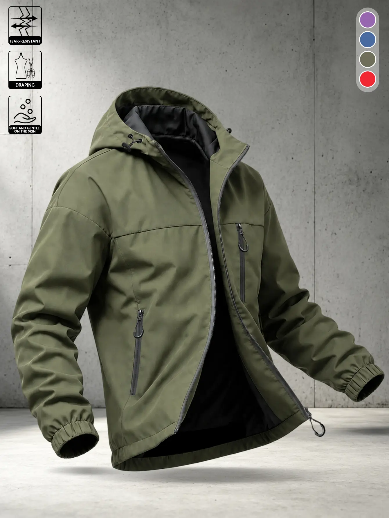American workwear solid-color men’s army green hooded functional jacket, relaxed drop-shoulder design that doesn’t restrict movement, hidden safety zipper pockets, wear-resistant wrinkle-resistant woven fabric, multi-scenario hiking outerwear