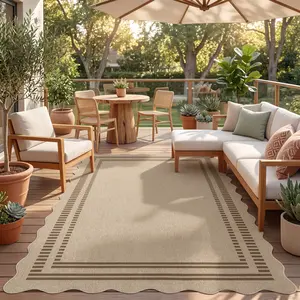 Tribesigns Scalloped Easy Jute 2x6 Hallway Runner Rug Non Slip, Tan/Checkered Kitchen Runner Rugs Non Skid Washable, Geometric Indoor Outdoor Carpet for Laundry Porch Entryway