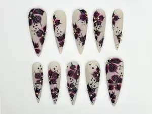 Dark Blossom Stiletto Press On Nails | 3D Handcrafted Gothic Flower Nails |Elegant Dark Blossom Nail Art | Stiletto Drama Press Ons