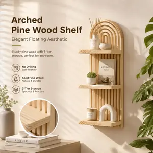 Boho 3-Tier Arch-Shaped Wooden Wall Shelf, Natural Wood Floating Storage Rack, Decorative Wall Organizer for Living Room, Bedroom & Nursery Wall Decor