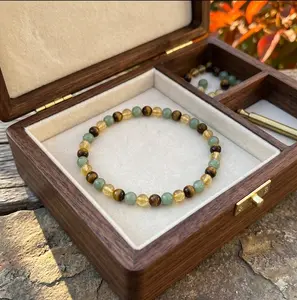 Triple Prosperity 4mm Citrine Tiger Eye Green Aventurine Stretch Bracelet Wealth Success Abundance Crystal Jewelry