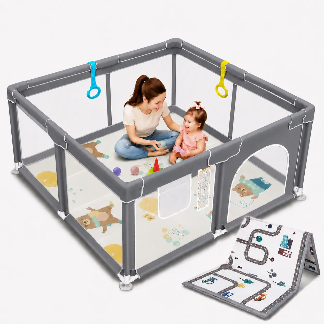 Large Square Playpen for Babies - ABS, Plastic & Stainless Steel Sturdy Safe Playard with Breathable Mesh Safety Fence, Foldable Play Mat, Storage Bag, Zipper Door, Quick Folding Portable Play Area for Indoor Outdoor Use