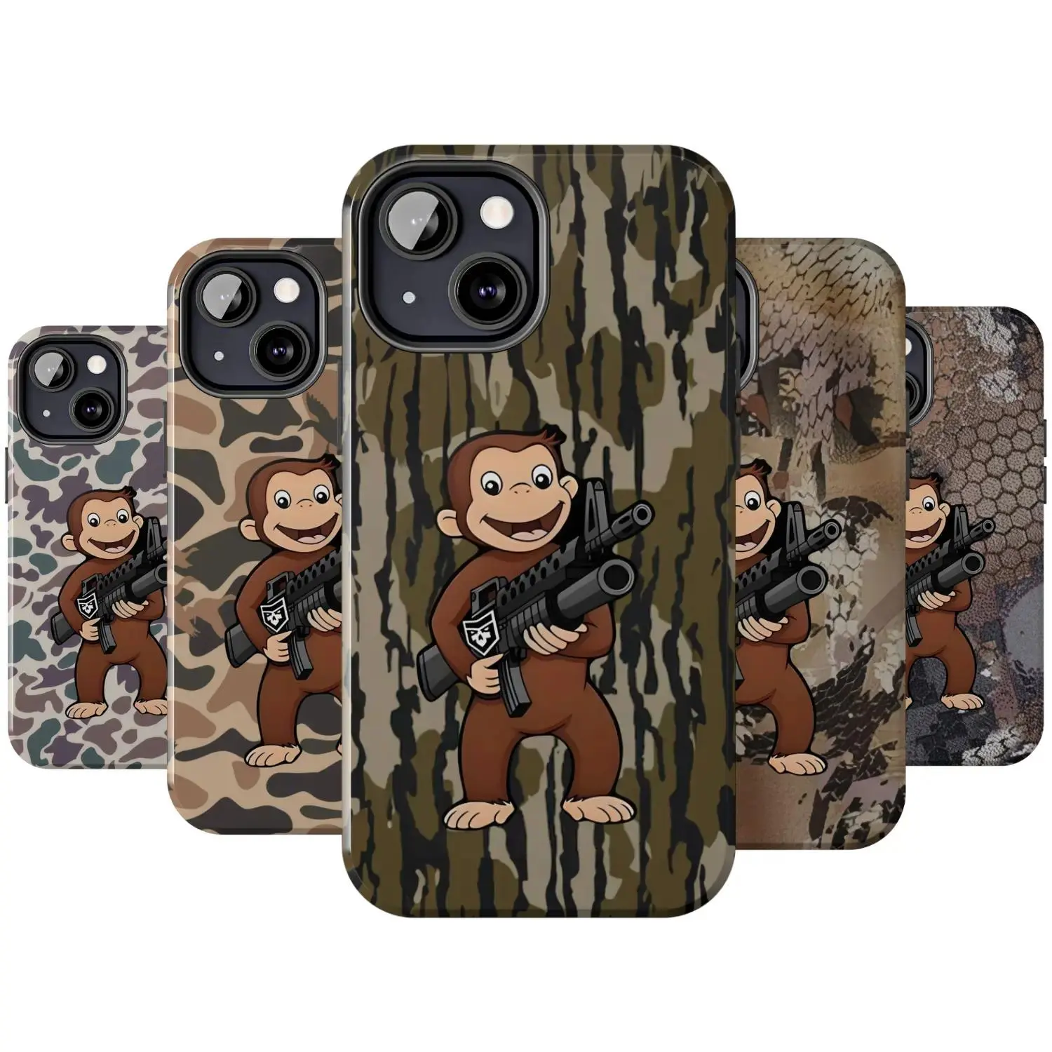 Machine gun-shaped Curious George camouflage phone case, compatible with iPhone 17/16/15/14/13/12/11 Pro Max/Plus and Samsung Galaxy S23FE/22/23/24/25, durable, perfect for a hunting gift.