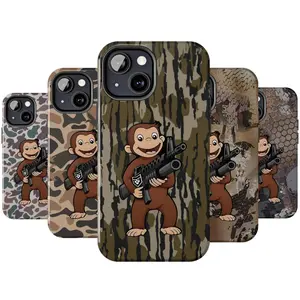 Machine gun-shaped Curious George camouflage phone case, compatible with iPhone 17/16/15/14/13/12/11 Pro Max/Plus and Samsung Galaxy S23FE/22/23/24/25, durable, perfect for a hunting gift.