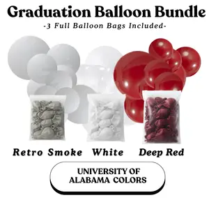 Graduation Balloon Bundle -  University Of Alabama Colors Retro Smoke, White, Deep Red - Sizes 5"- 12"- 18"