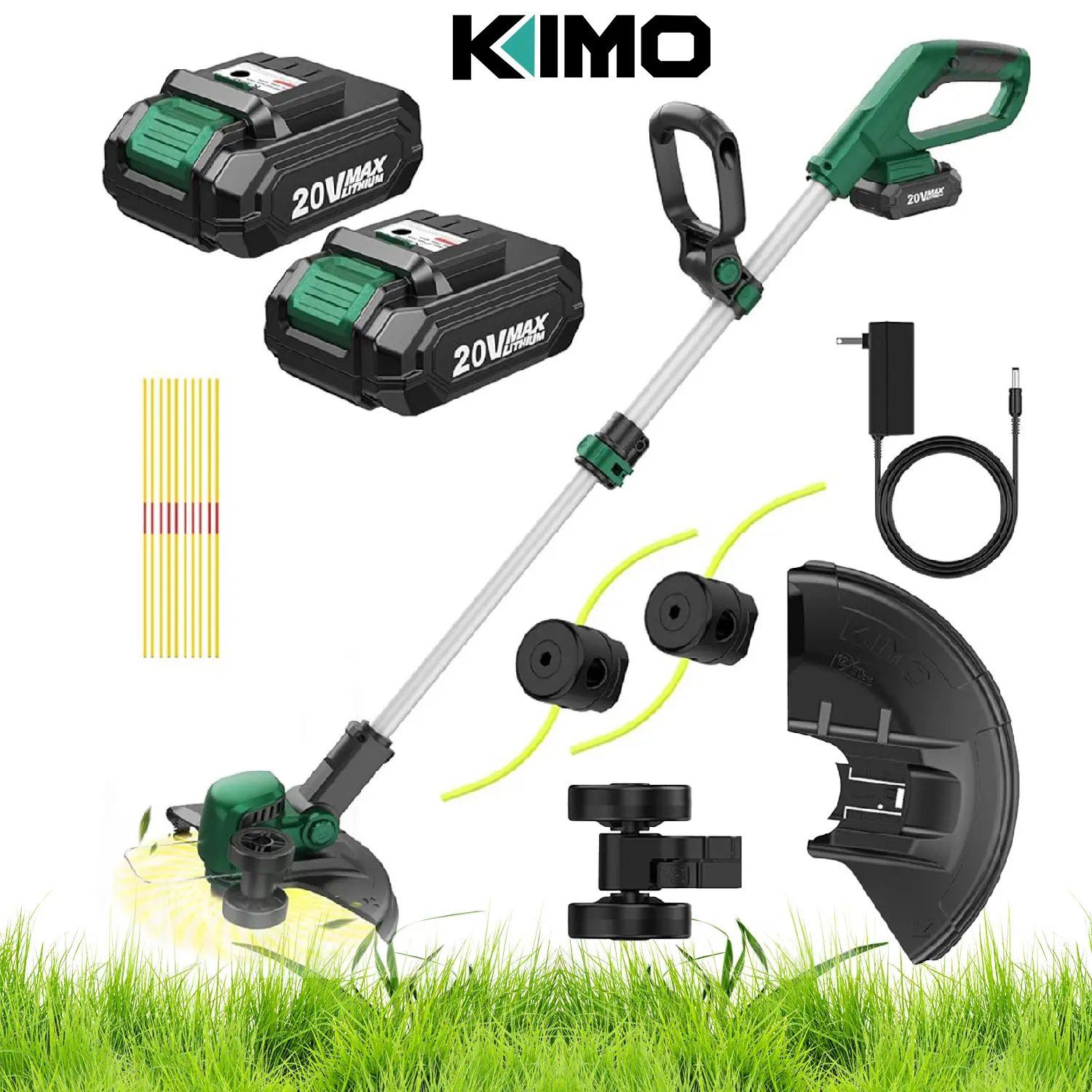 KIMO 20V Cordless Weed Wacker Kit - 2-in-1 String Trimmer & Edger with Wheels, 12-In Cutting Width, 10-Pack Dual-Cut Lines, 2x2.0Ah Batteries & Charger for Lawn Maintenance