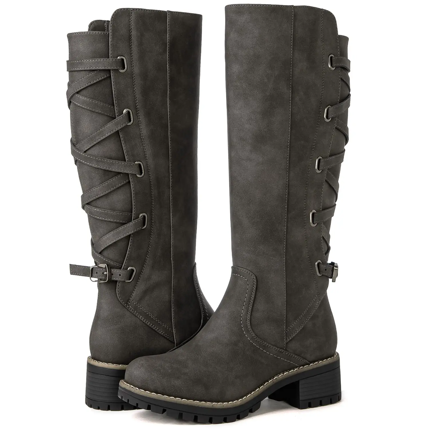GLOBALWIN Women's Strappy Motorcycle Knee High Boots, Riding Boots Back Lace Up Fall Winter Fashion Knee High Boots For Women