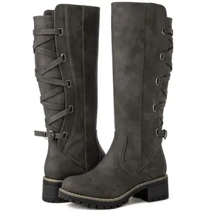 GLOBALWIN Women's Strappy Motorcycle Knee High Boots, Riding Boots Back Lace Up Fall Winter Fashion Knee High Boots For Women