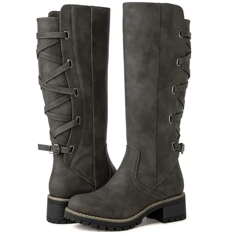 GLOBALWIN Women's Strappy Platform Knee-High Biker Rider Style Boots - Back Lace-Up, Fall Winter Footwear for Work/Party, Stylish Women's Shoe