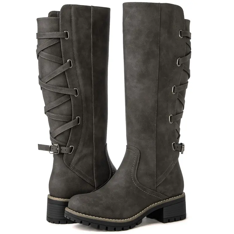 GLOBALWIN Women's Chic Strappy Low Platform Heels Knee-High Biker Rider Boots - Back Lace-Up, Fall Winter Footwear for Business/Daily Elegance, Stylish Women's Shoe
