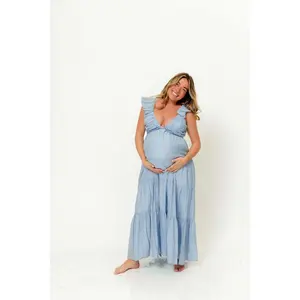 Katy Pleated Bodice Maxi Dress in Dusty Blue - Bump Friendly