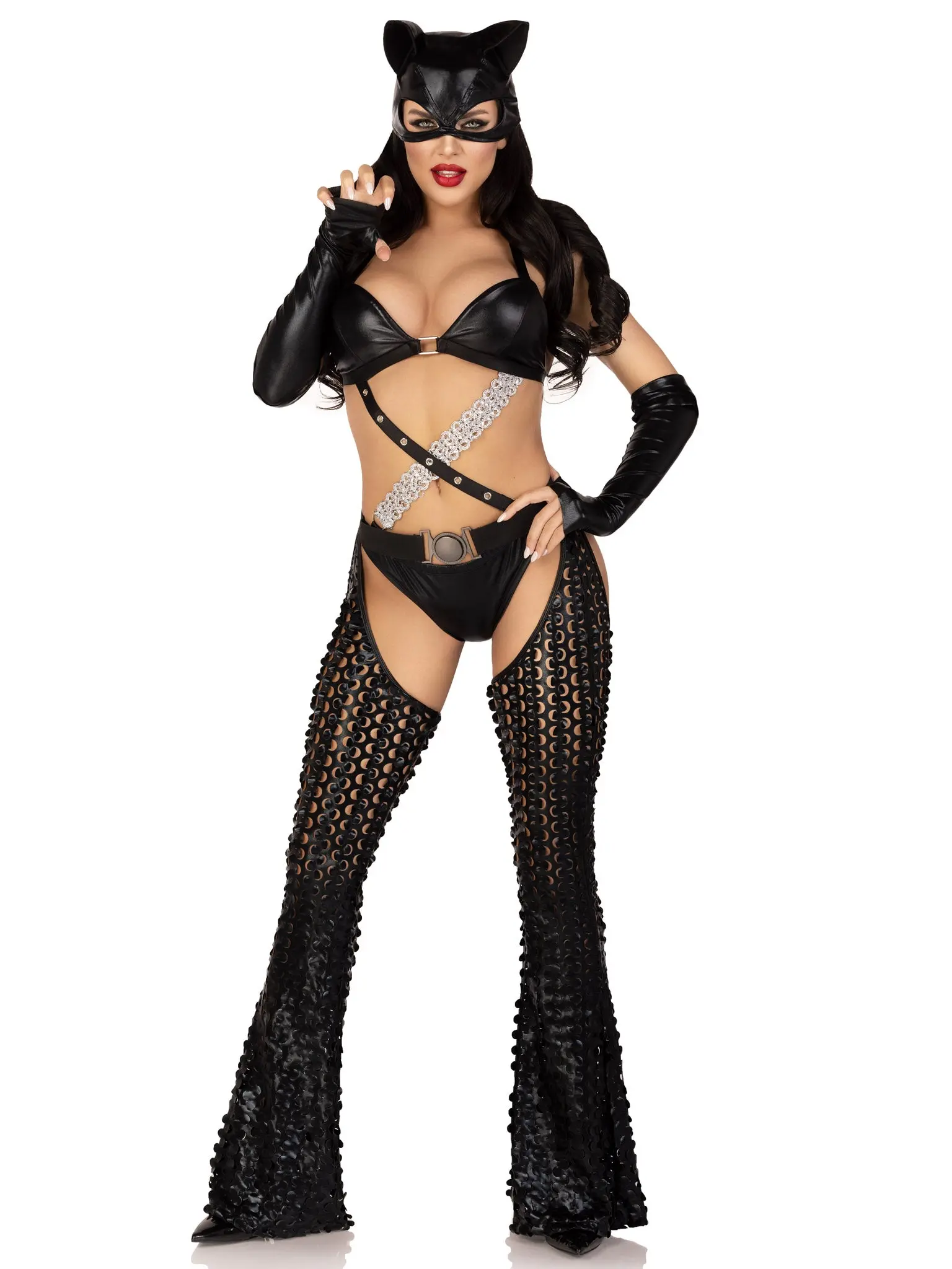 Leg Avenue Women's Mistress Kitty 3-Piece Bodysuit Set - Fit, Padded, Ruched Top with Chaps & Gloves, Easy Halloween Costume for Women