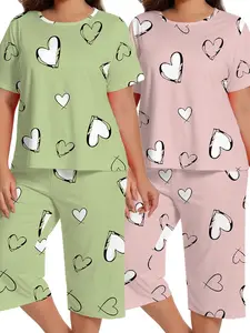 Women’s Plus Size Summer Two-Piece Pajama Set, Short Sleeve, Loose Fit, Casual, Two-Tone Design with Heart Print, Extra Large Size Loungewear Set