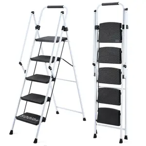 White Portable Steel Ladder Stool with Anti-Slip Wide Pedals, Safety Anti-Slip Handle, 5 Steps, Lightweight Design