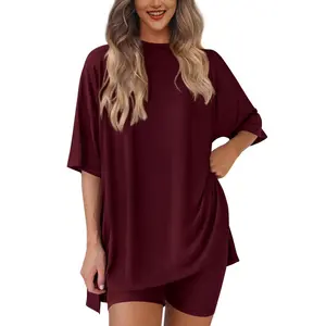 Women's 2-Piece Shorts Set Oversized T-Shirt with Side Splits and High Waist Shorts - Comfy Solid Lounge and Workout Outfit