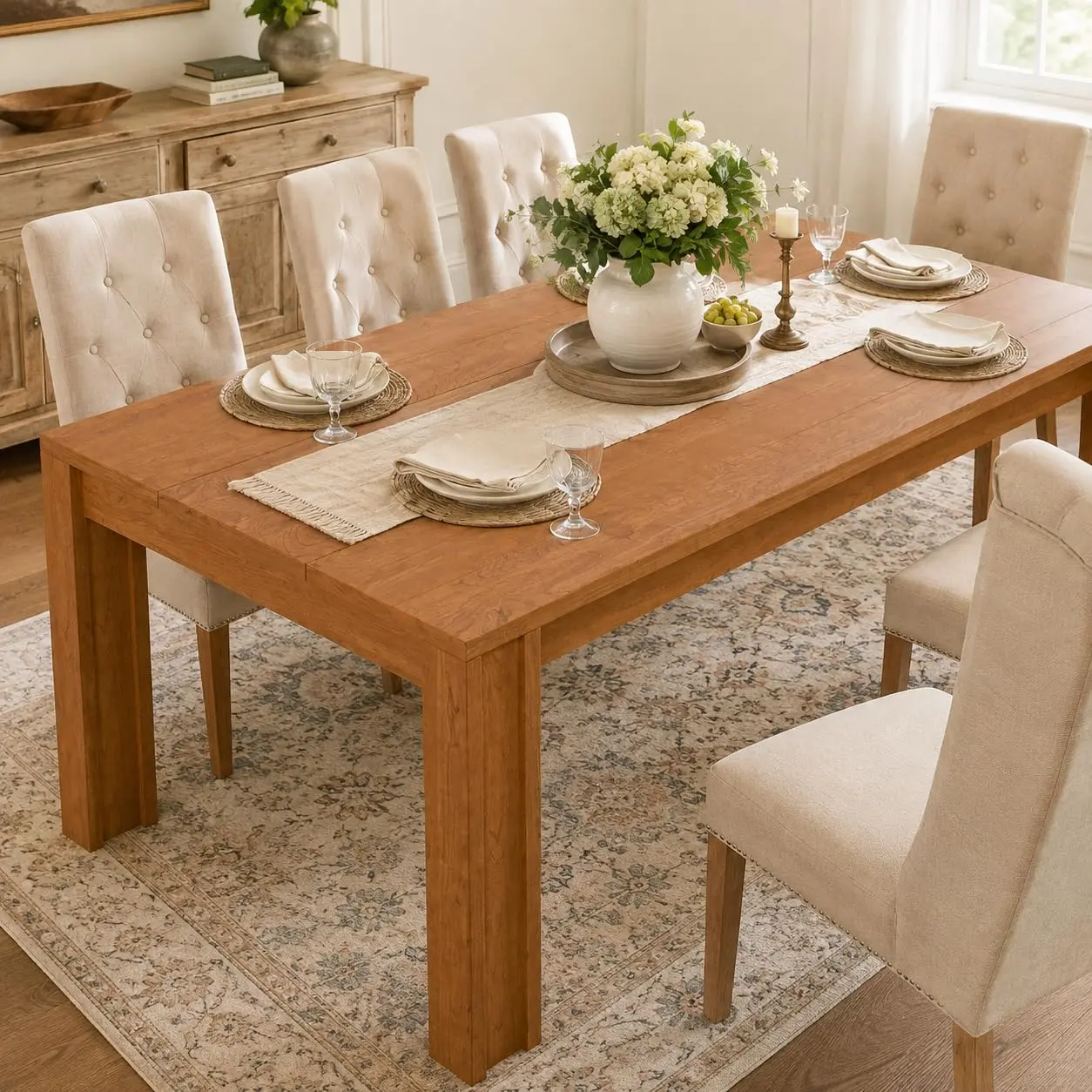 GARVEE and GARVEE Farmhouse Dining Tables in 63-inch and 71-inch sizes with Cherry, Gray, and Walnut finishes; rectangular wood tables seating 4 to 6 with sturdy strip bases and wide legs