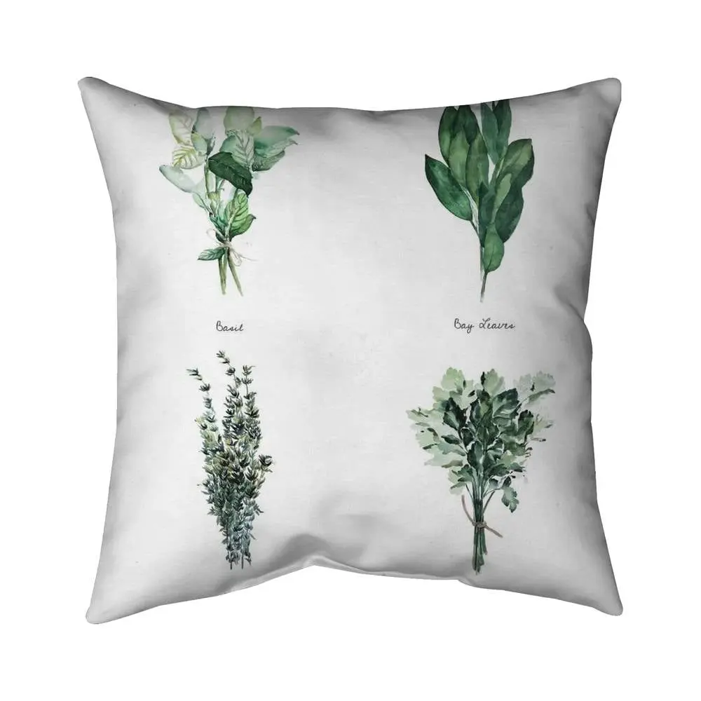 360 Stand 16x16 in. Green Leaves Kitchen Accent Pillow, Botanical Art Herb Print, Nature Theme, Polyester Fill, Machine Washable Fine Herbs Textile Soft Furnishing, Botanicals Standard Pillows, Detachable Cover, Poly Twill, Durable