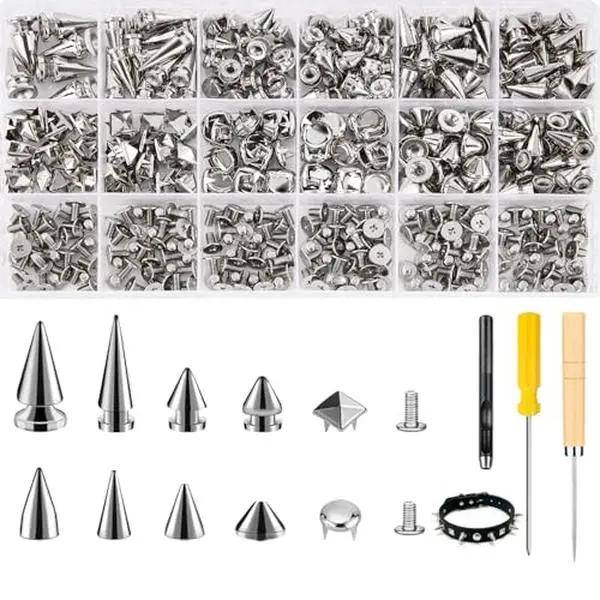 Craluuur 455 Piece Studs and Spikes Kit for Clothing, Punk Metal Stud Kit | Zinc alloy set in 12 sizes with cone spikes, pyramid studs, dome studs, screws, punch, awl, screwdriver and storage box