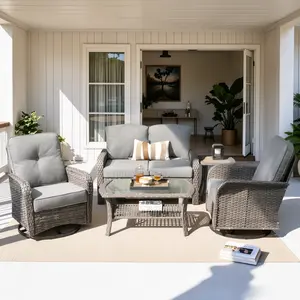 【Summer Vibes】OVIOS 5-Piece Outdoor Patio Furniture Set with Wicker Sofa, Swivel Chairs & Coffee Table, High Back Loveseat with Cushions for Backyard Patio Porch Deck Garden Outdoor Seating