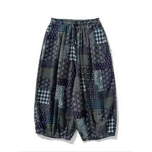 [Large Size Wind Patterned Pants] Ethnic wind patterned wide-legged pants loose large size Harajuku style casual pants men women beach seven-minute pants