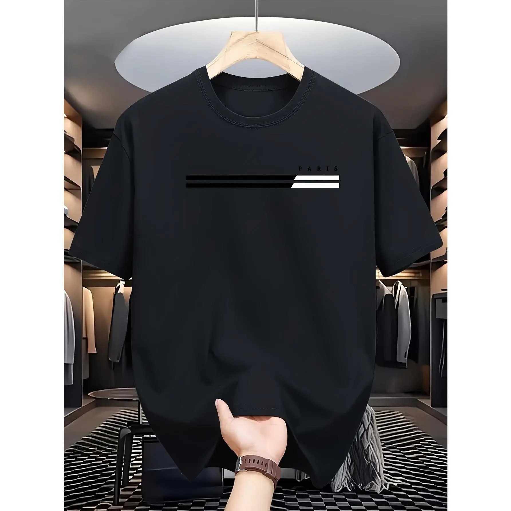 Men's Breathable Soft Cotton Paris Graphic Print Round Neck Short-Sleeve Loose-Fit T-Shirt - Streetwear Graphic Tee for Daily Outdoor & City Life Sports Looks, Shortsleeve, Casual Menswear, Tshirt, Plus Size, Heat Transfer, Cold Wash, Tops