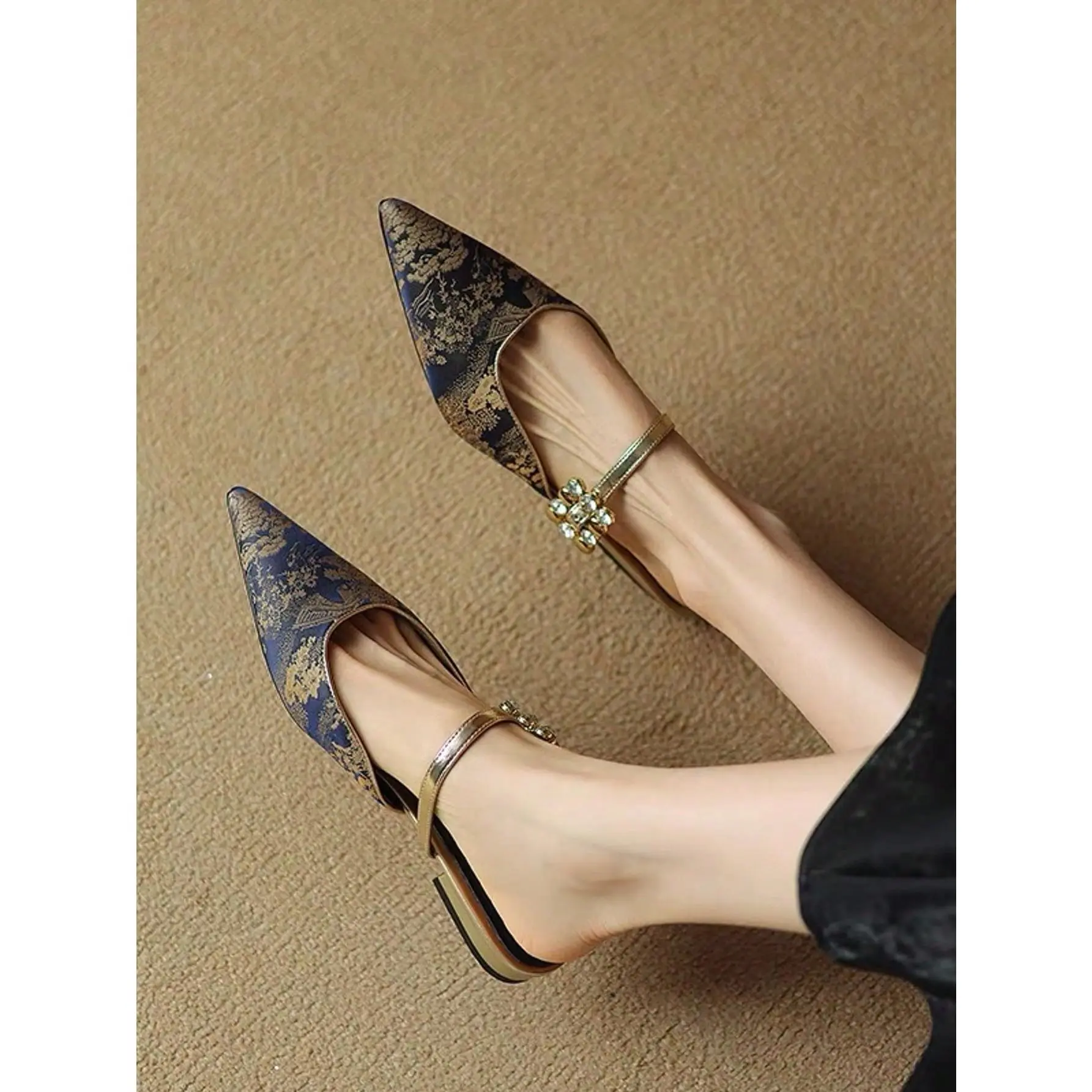DealsForYouDays Women's Fall-Winter Classic Chinese-Style Crystal Accent Low Heel Mules, Fashionable Blue Contrast Pointed Toe Slip-On Footwear for Casual Party Evening Wear, Low Heels