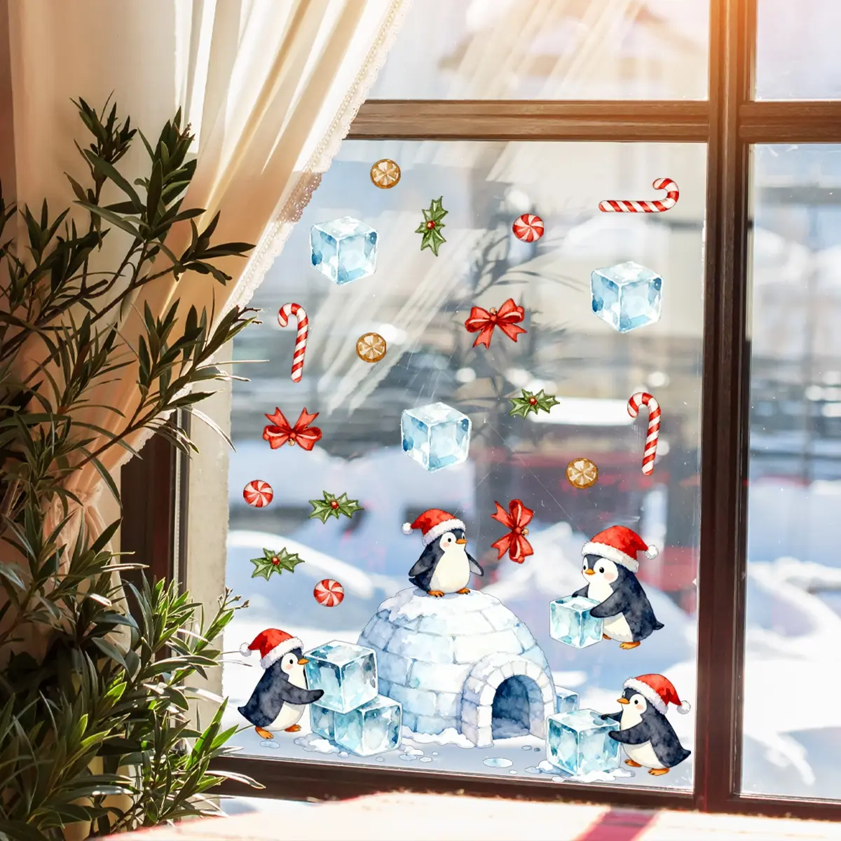 New Christmas Penguin Static Cling Glass Sticker, Double-Sided Ice House Design, Bedroom Living Room Bathroom Window Decoration Wall Decal D20570
