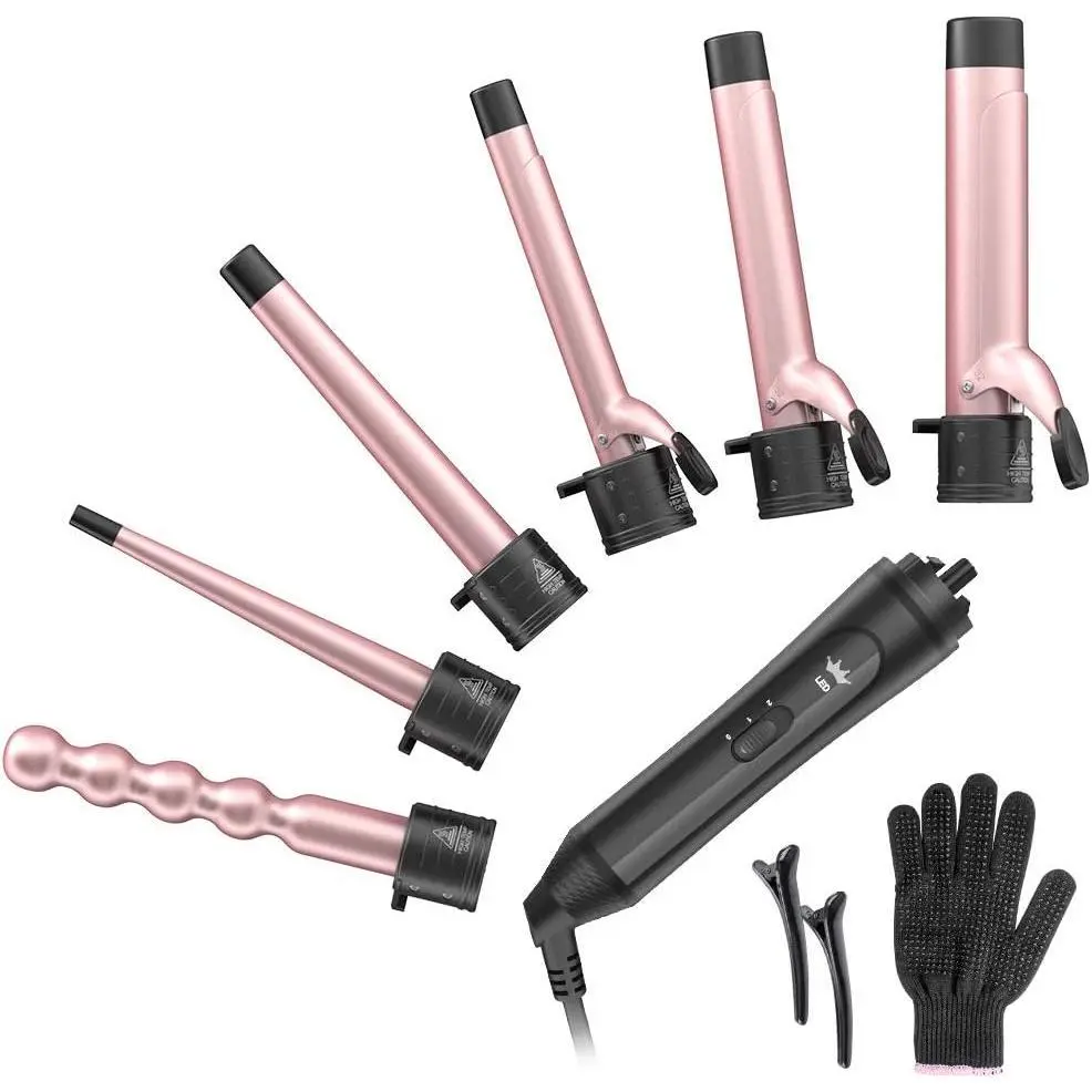 Women's 6-in-1 Multi-Size Ceramic Curling Iron Set, 0.35-1.25" Interchangeable Barrels, Adjustable Temp, Heat Protection Glove, 2 Clips, Hair Styling Tools for Camp Kitchen Use, Adjust Temp