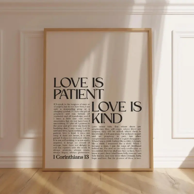 A wall decoration piece, vintage poster quotes print featuring the Bible verse from 1 Corinthians 13, Christian canvas art, Decoration items, wall decoration, perfect for decorating living rooms and bedrooms, Unframed wall art