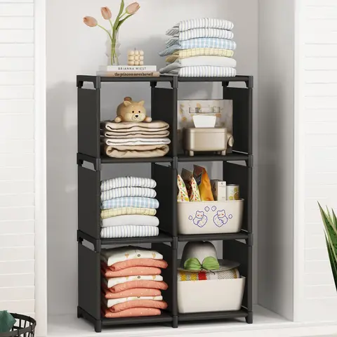 6-Cube Water-Resistant Metal Frame Cubby Shelf, Adjustable Organiser, Stackable Lightweight Portable Storage Racks, Organizes Shoes Clothes Toys Books for More Space (35.8L x 11.8W x 37.4H in)