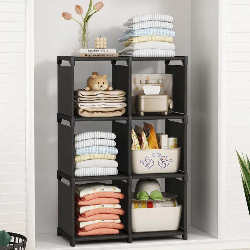 6-Cube Water-Resistant Metal Frame Cubby Shelf, Adjustable Organiser, Stackable Lightweight Portable Storage Racks, Organizes Shoes Clothes Toys Books for More Space (35.8L x 11.8W x 37.4H in)
