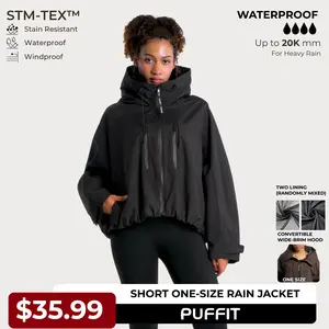 【Restocked】PUFFIT STM-TEX Short One-Size Rain Jacket With Pleated Hem,Hooded Jacket,Waterproof Jacket,Women Jacket,Wide-Brim Hood,Adjustable Cuffs,Zips,Outdoor Sport,Jacket,Statements,Windbreaker,Spring,Dog Walking,School Running,Football Mum,Stylish