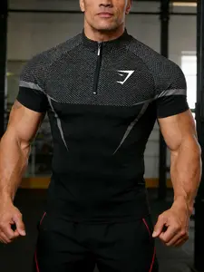 1 Piece Half-Zip Color-Blocked Textured Slim Fit Short Sleeve, Functional Sporty Style, Stretchy & Breathable Top, Perfect for Gym Training & Streetwear, Breathable Workout Tops, Gym Workout Tee