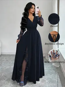 Luxurious Long Dress, Base with Lace Embroidery, V-Neck Waist Cinch, Back Tie Detail, Flowing Skirt, Elegant and Chic