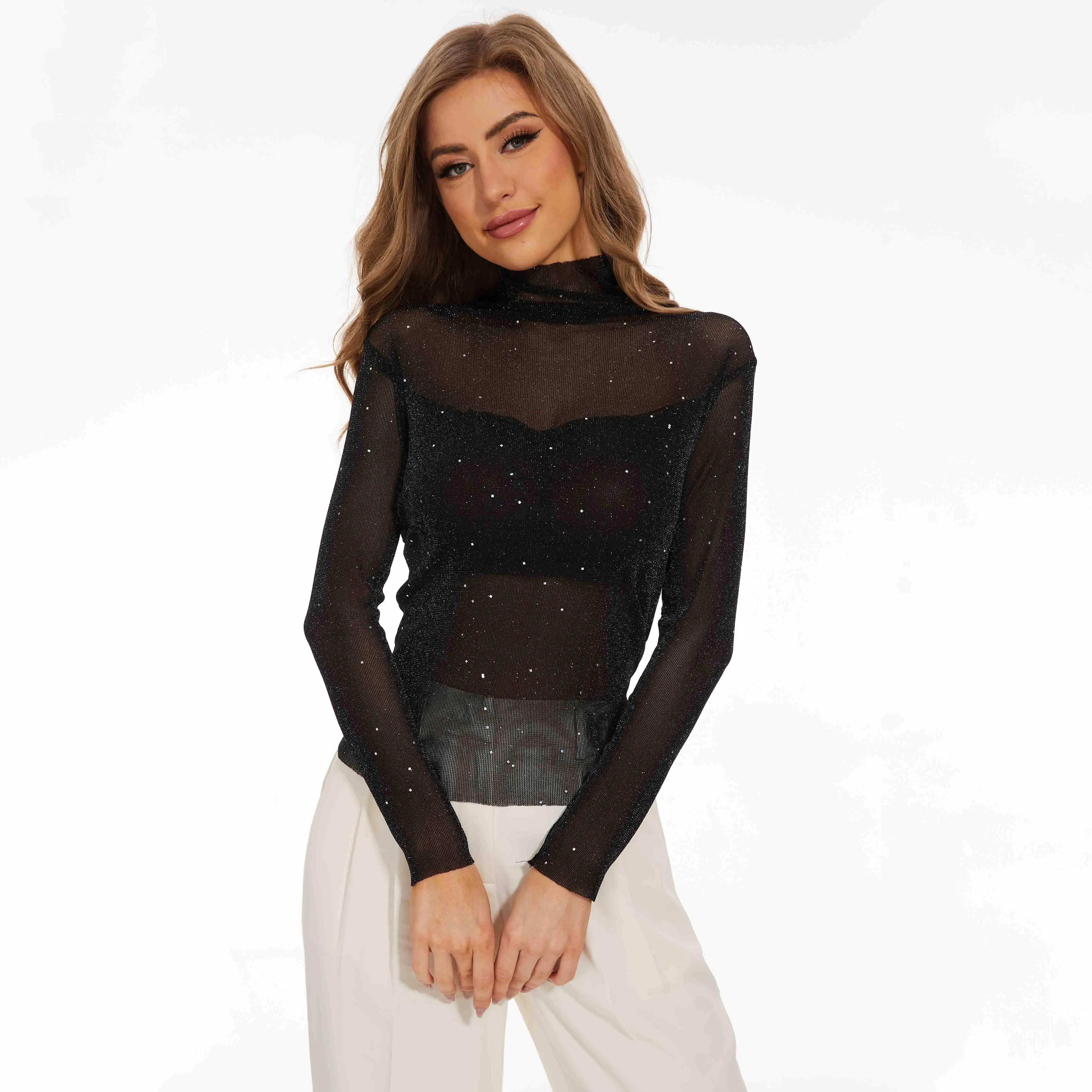 KICZOY Women's See Through Sequin Tshirt Long Sleeved Glitter Sexy Mesh Transparent Mock Neck Collar Layered Lace Tee Tops