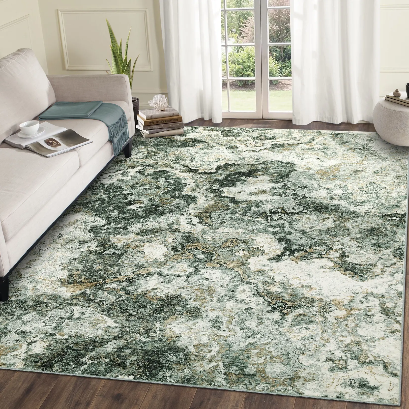 Modern Abstract Geometric Rug, Contemporary Decorative Machine Washable Home Decor Rug with Ultra-Thin Foldable Design for Office, Bedroom Living Room (Wash-Clean Simple), Contemporary Decorative Rug
