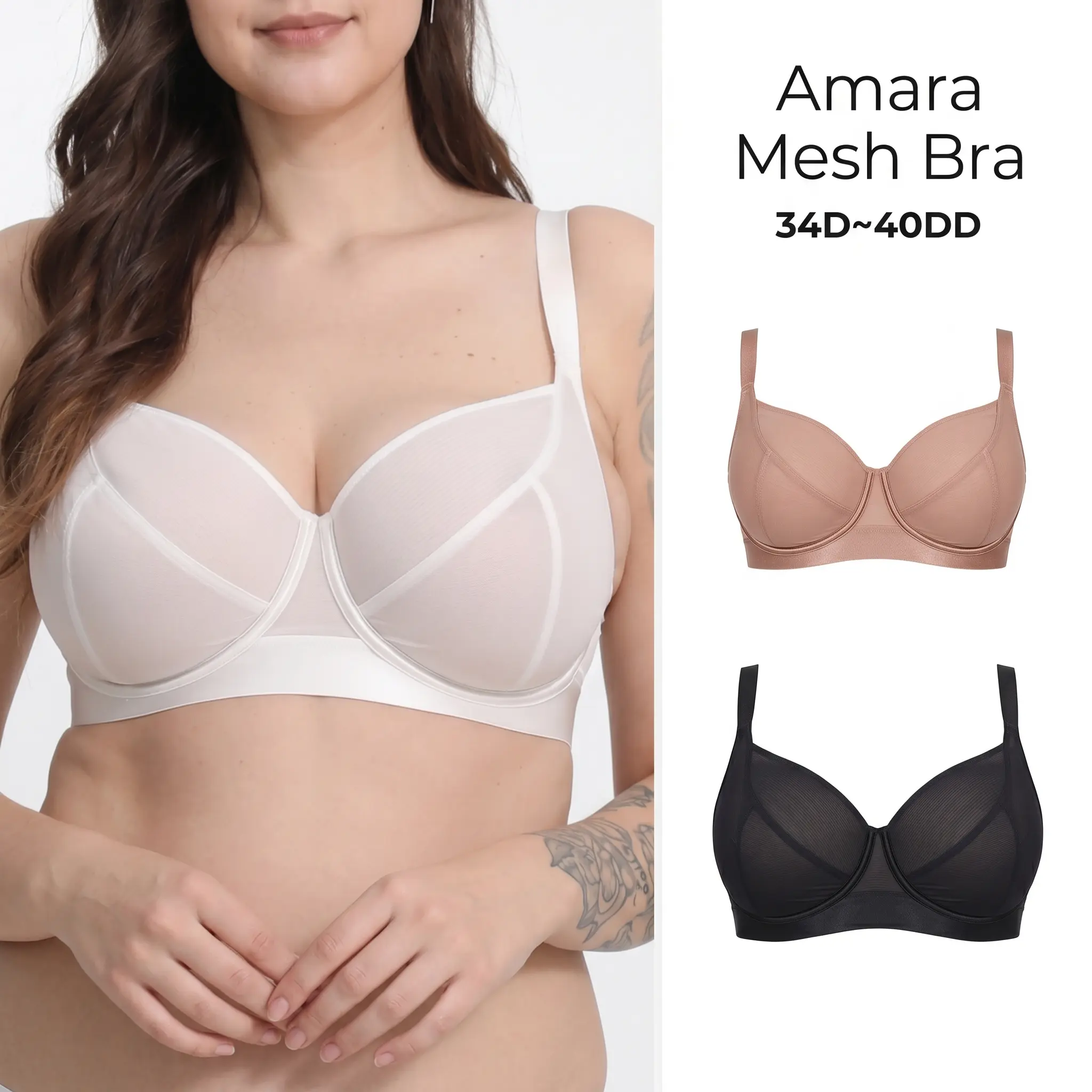 PINQLIME Amara Plus Size Underwire Bra, Unlined Minimalist Full Coverage Design with Sheer Mesh, Supportive Microfiber for Everyday Wear (D-G Cups), Basic