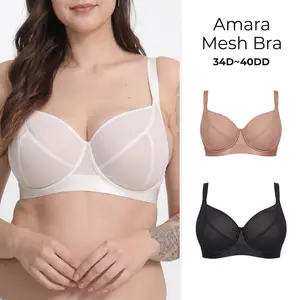DRONtex Amara Plus Size Women's Underwire Bra, Padless Everyday Bras, Sexy Sheer Mesh Full Coverage Bralette, Wide Underband & Smooth Microfiber Wings, High-Stretch Breathable Unlined, Supportive Minimalist for Curvy Queens (D-G Cups, Black/Nude/White)