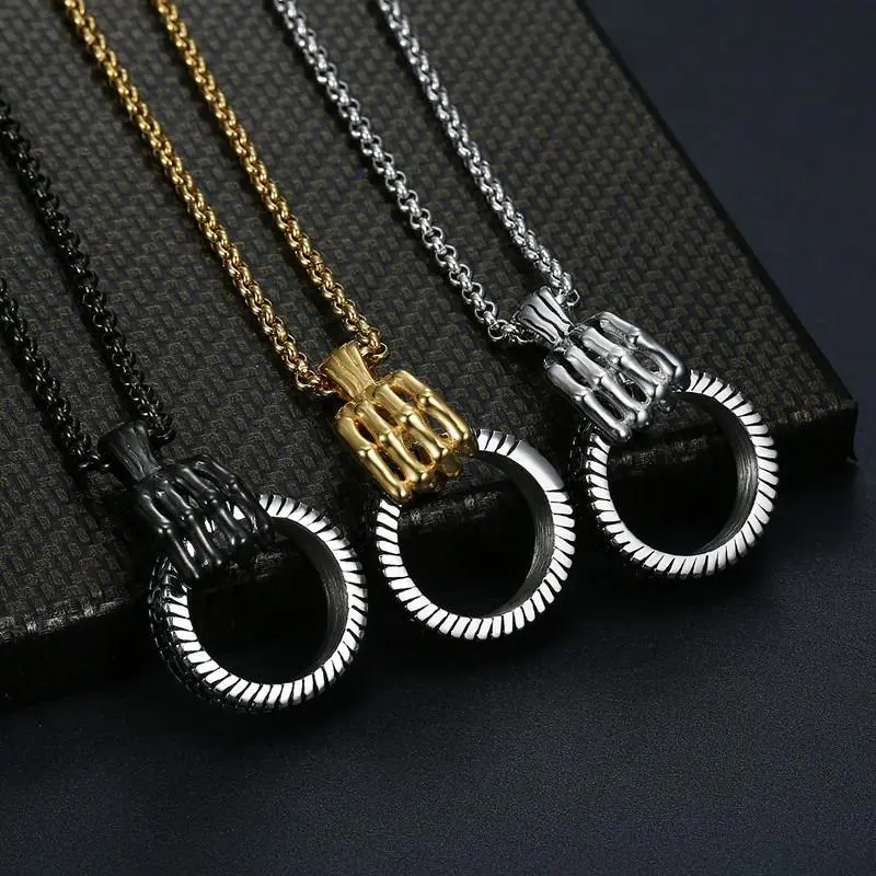 Unisex Long Gold Plated Stainless Steel Skeleton Hand Necklace with Steel Chain, Geometric Grasping Ring Pendant, Gothic Party & Casual Wear Costume Jewelry, Gold Plated Necklace, No Warning Applicable, Chain Jewelry Necklaces